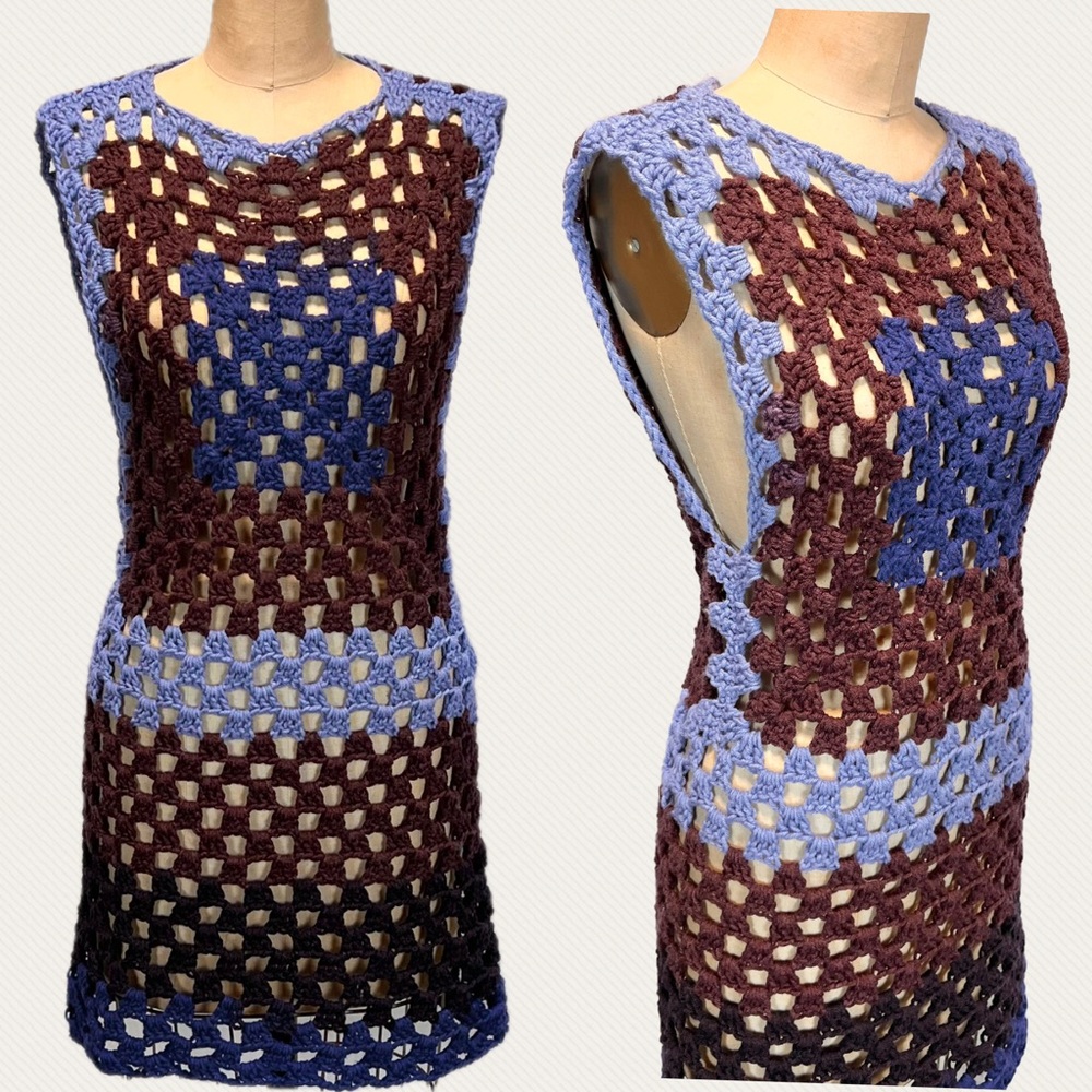 VINTAGE Crochet open hole pattern sweater dress layering beach cover up boho 70s